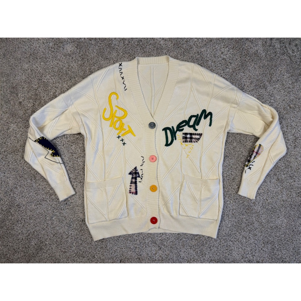 ebossy‎ Cardigan Sweater Womens XS Cream Patchwork Dream Sport Cable Knit